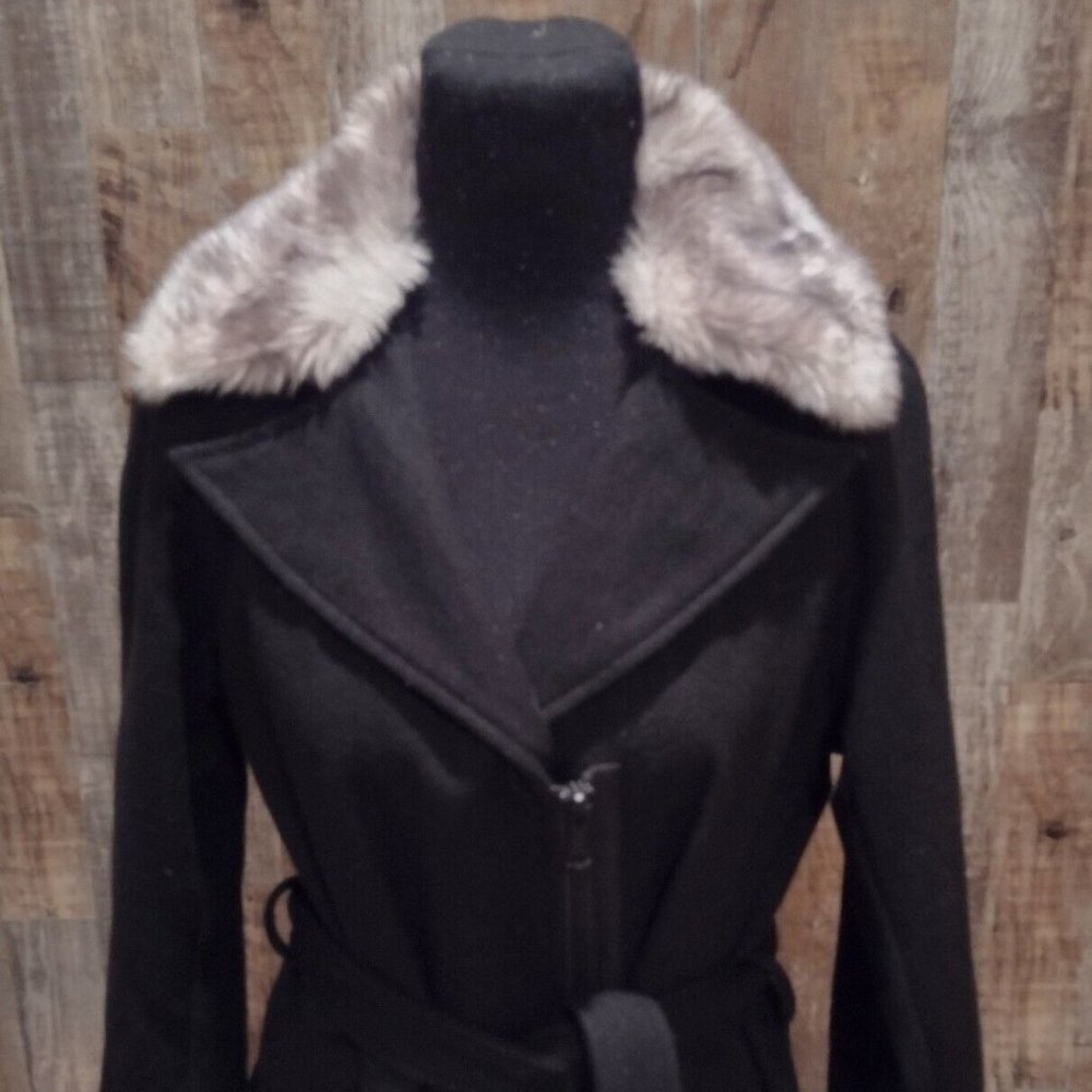 SIMPLY VERA WANG BLACK WOOL BLEND PLUSH DET FAUX FUR COLLAR WOMENS COAT SZ M EUC